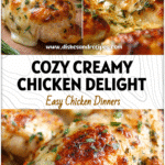 Close-up of creamy baked chicken breast topped with herbs and golden crust, a cozy baked chicken dinner.